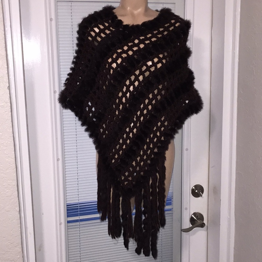 Brown knit fur poncho cape